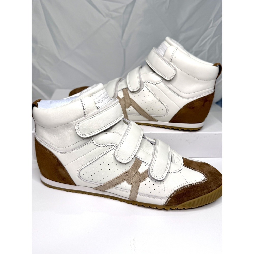 Veronica Beard Coconut Leather Brown Suede High Top Wedge Sneakers Size 8 NIB
